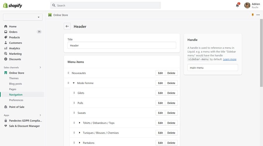 Shopify - Création d'un menu