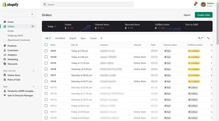 Shopify - Liste des commandes