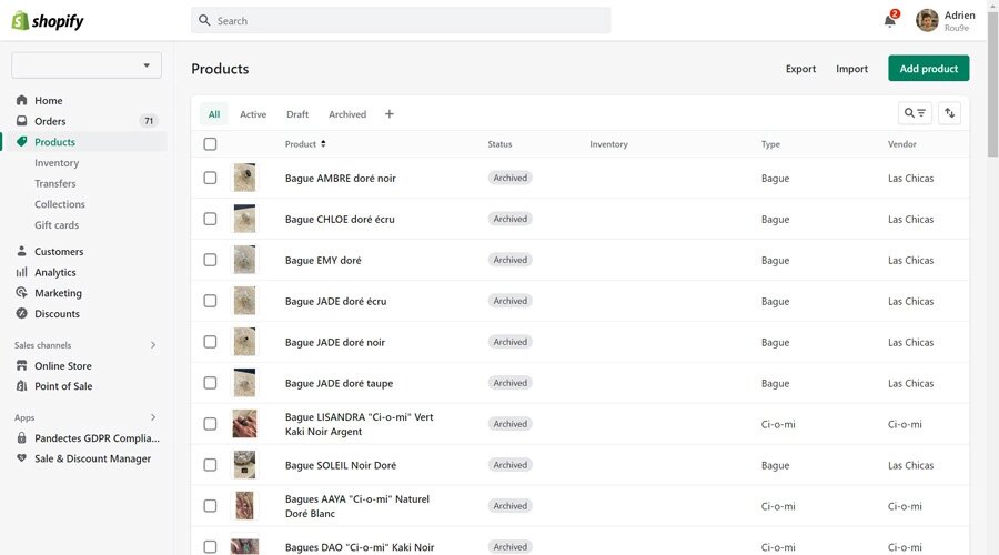 Shopify - Liste des produits